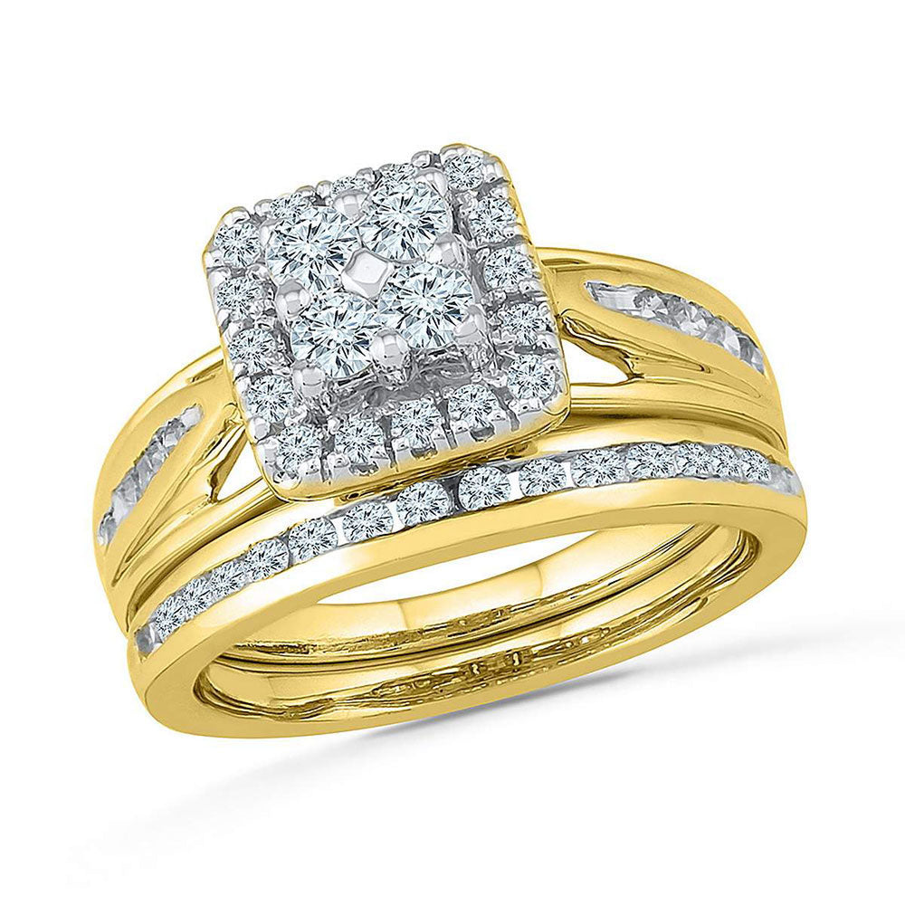 10KT YELLOW GOLD ROUND DIAMOND CLUSTER BRIDAL WEDDING RING BAND SET 1 CTTW