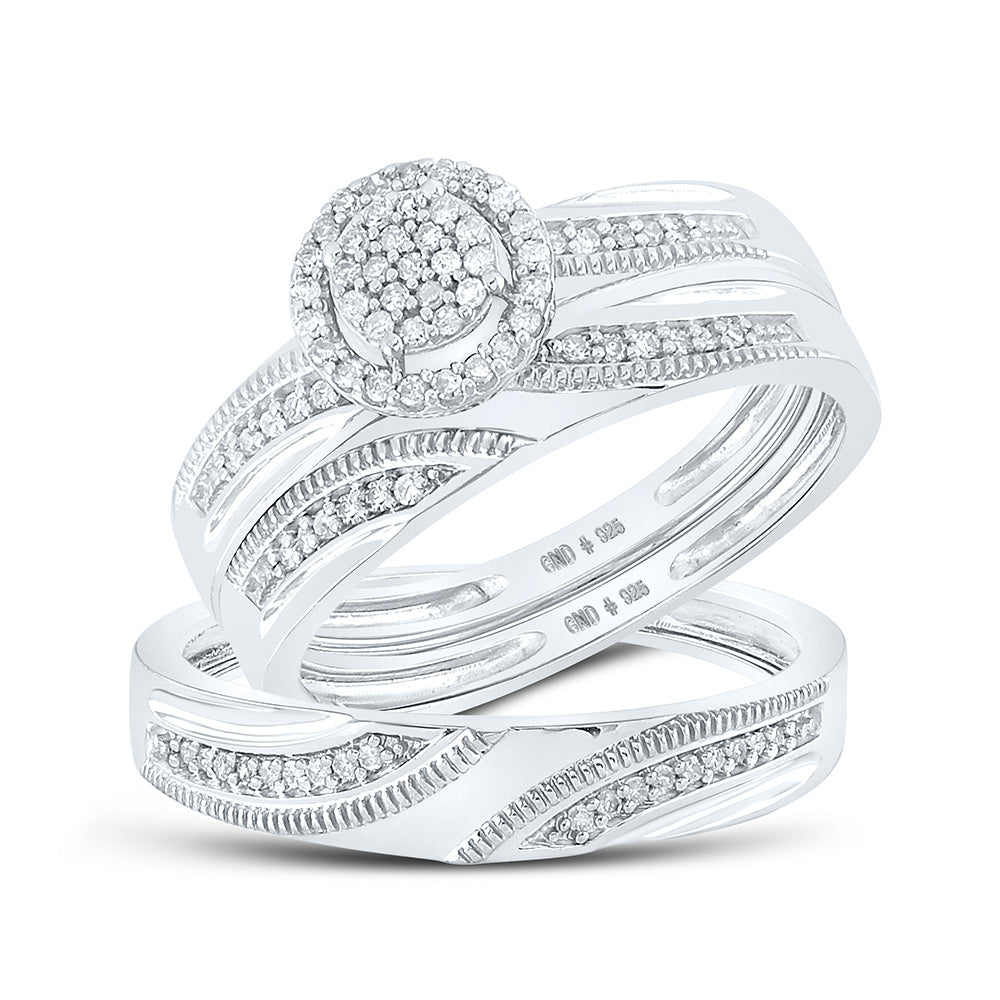 STERLING SILVER HIS HERS ROUND DIAMOND CLUSTER MATCHING WEDDING SET 1/4 CTTW