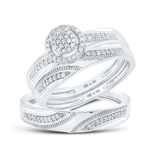 STERLING SILVER HIS HERS ROUND DIAMOND CLUSTER MATCHING WEDDING SET 1/4 CTTW