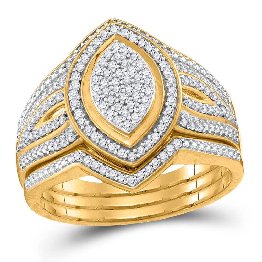 10KT YELLOW GOLD DIAMOND CLUSTER 3-PIECE BRIDAL WEDDING RING BAND SET 1/3 CTTW