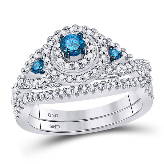 10KT WHITE GOLD WOMENS ROUND BLUE COLOR ENHANCED DIAMOND BRIDAL WEDDING RING SET 5/8 CTTW