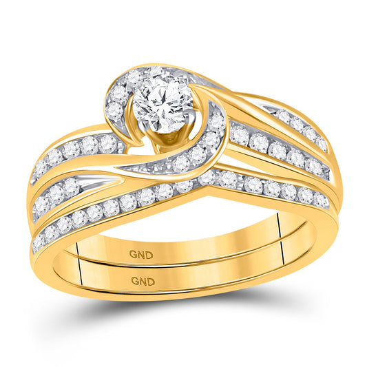 10K YELLOW GOLD ROUND DIAMOND SWIRL BRIDAL WEDDING RING BAND SET 1/2 CTTW