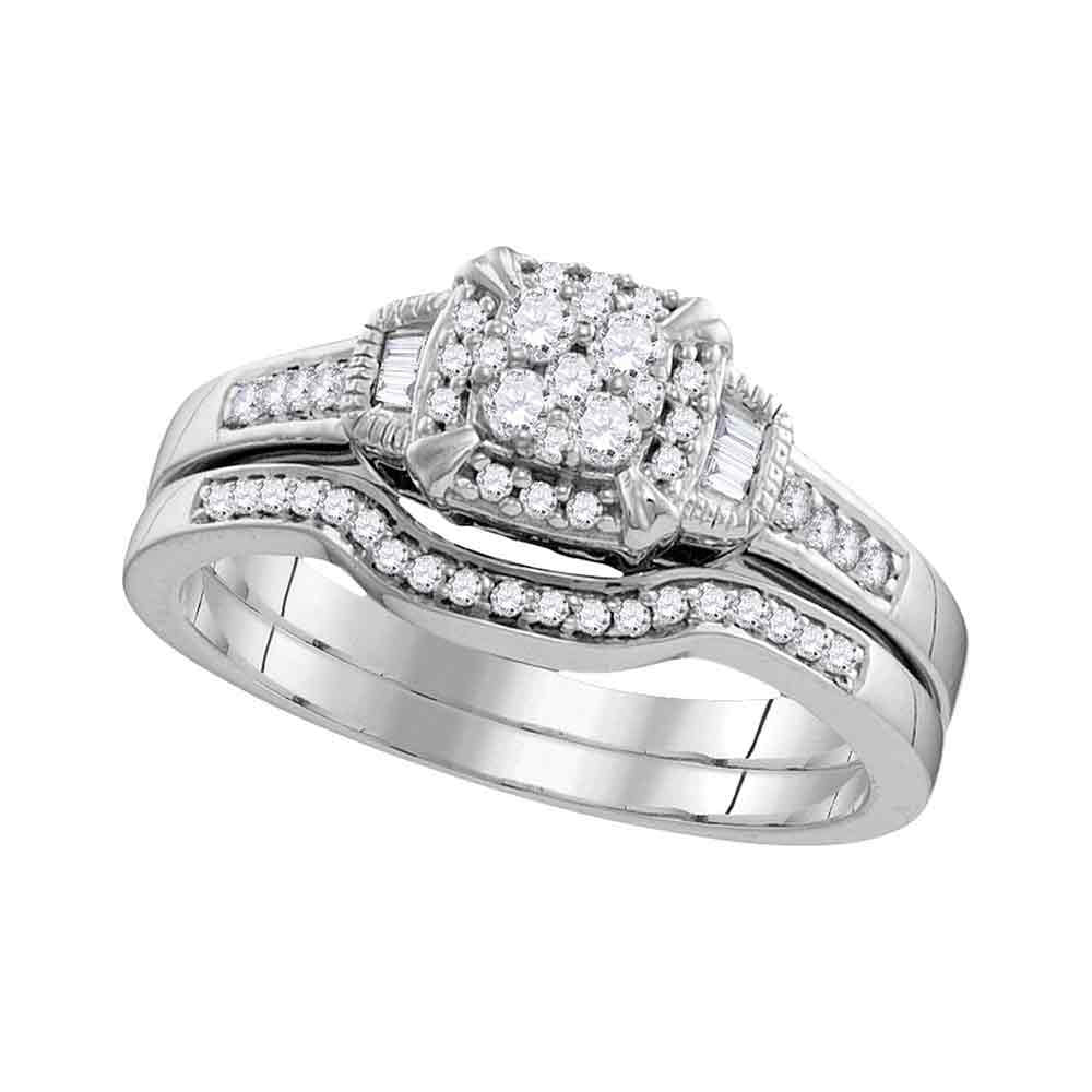 10K WHITE GOLD ROUND DIAMOND CLUSTER BRIDAL WEDDING RING BAND SET 3/8 CTTW