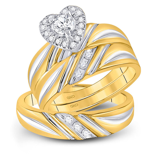 10KT YELLOW GOLD HIS HERS ROUND DIAMOND HEART MATCHING WEDDING SET 3/8 CTTW