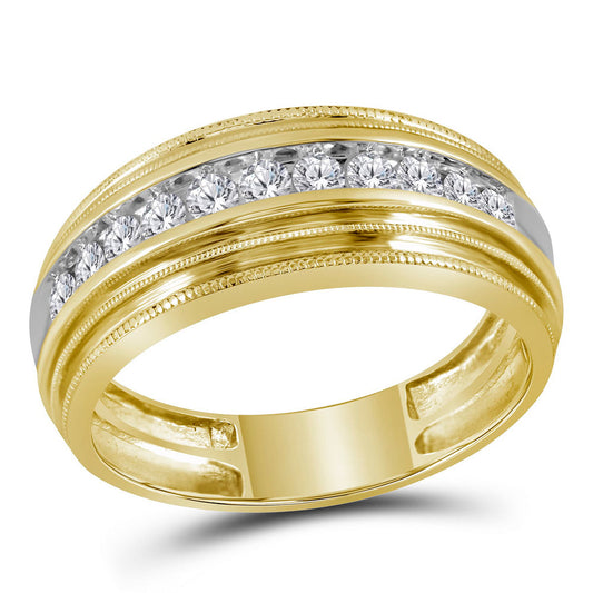 10KT YELLOW GOLD MENS ROUND DIAMOND MILGRAIN RIDGED WEDDING ANNIVERSARY BAND RING 1/2 CTTW