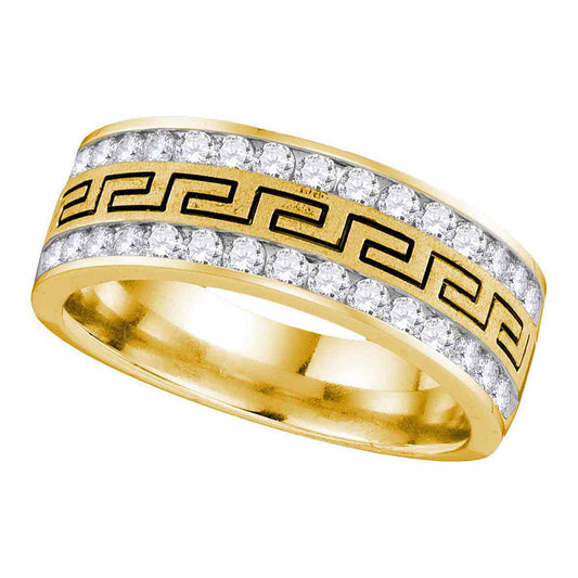 14KT YELLOW GOLD MENS ROUND DIAMOND DOUBLE ROW GRECCO GREEK KEY WEDDING BAND 1 CTTW