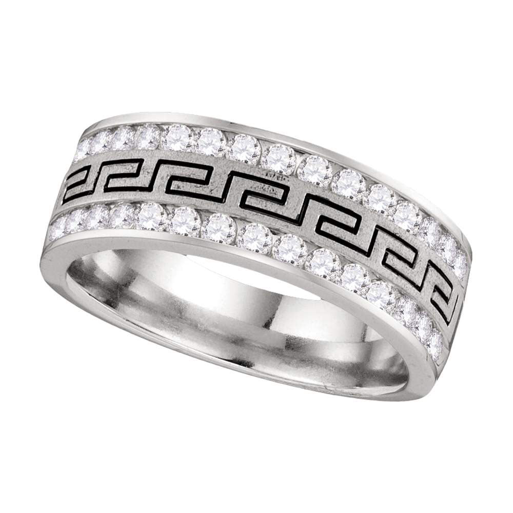 14KT WHITE GOLD MENS ROUND DIAMOND DOUBLE ROW GRECCO GREEK KEY WEDDING BAND 1 CTTW