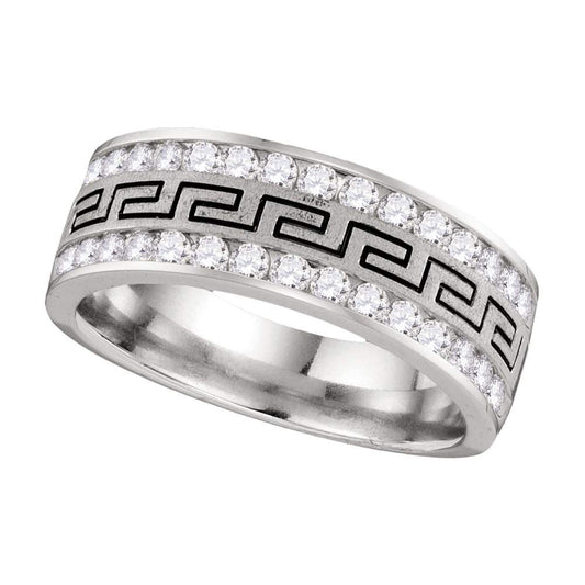 14KT WHITE GOLD MENS ROUND DIAMOND DOUBLE ROW GRECCO GREEK KEY WEDDING BAND 1 CTTW