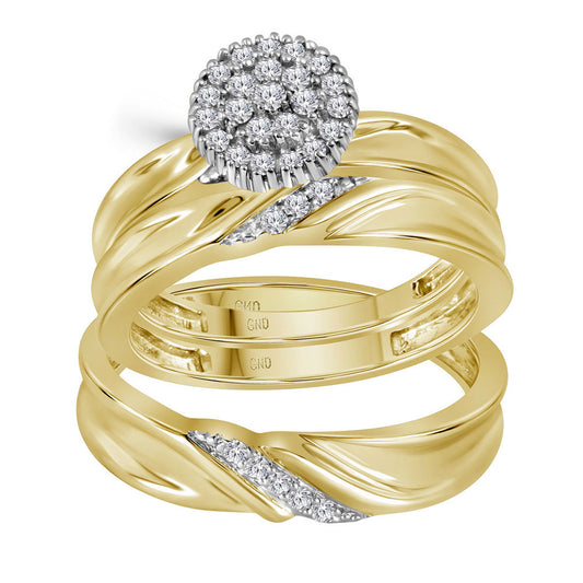 10K YELLOW GOLD DIAMOND HIS HERS MATCHING TRIO WEDDING ENGAGEMENT BRIDAL RING SET 1/4 CTTW