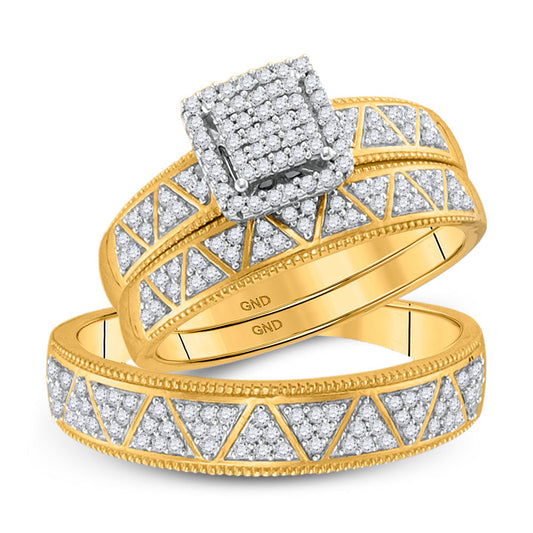 10KT YELLOW GOLD HIS HERS ROUND DIAMOND SQUARE MATCHING WEDDING SET 1/2 CTTW