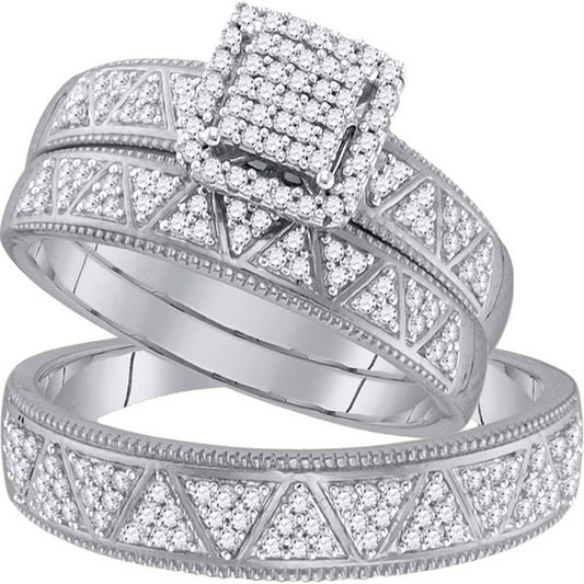 10KT WHITE GOLD HIS HERS ROUND DIAMOND SQUARE MATCHING WEDDING SET 1/2 CTTW