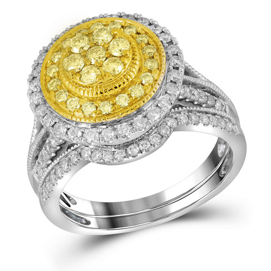 14KT WHITE GOLD WOMENS ROUND YELLOW DIAMOND BRIDAL WEDDING RING BAND SET 1 CTTW