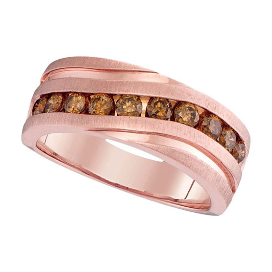 10KT ROSE GOLD MENS ROUND DIAMOND WEDDING SINGLE ROW GROOVED BAND RING 1 CTTW