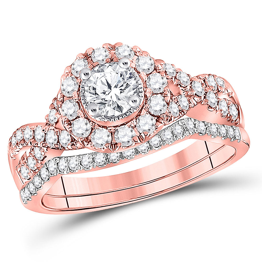 14KT ROSE GOLD ROUND DIAMOND TWIST BRIDAL WEDDING RING BAND SET 1 CTTW
