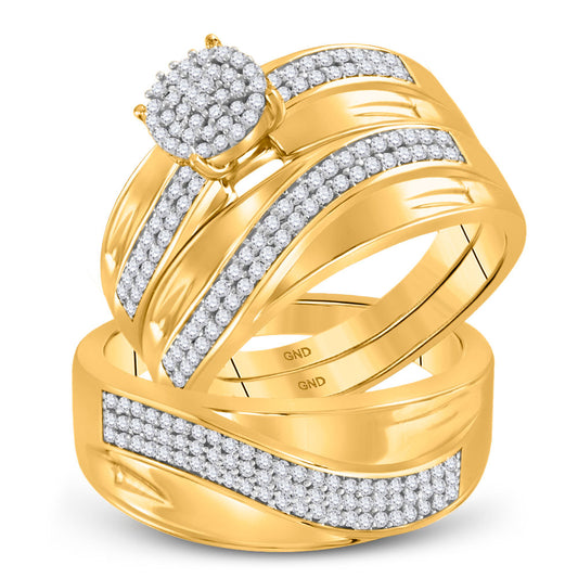 10KT YELLOW GOLD HIS HERS ROUND DIAMOND CLUSTER MATCHING WEDDING SET 1/2 CTTW