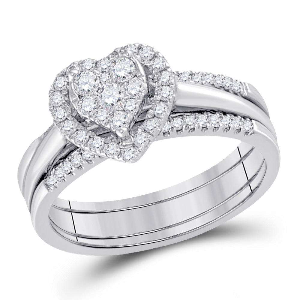 10KT WHITE GOLD ROUND DIAMOND HEART BRIDAL WEDDING RING BAND SET 1/2 CTTW
