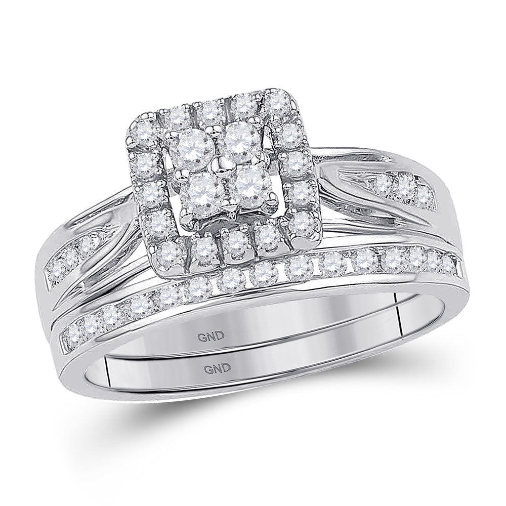 10KT WHITE GOLD DIAMOND SQUARE CLUSTER BRIDAL WEDDING RING BAND SET 1/4 CTTW