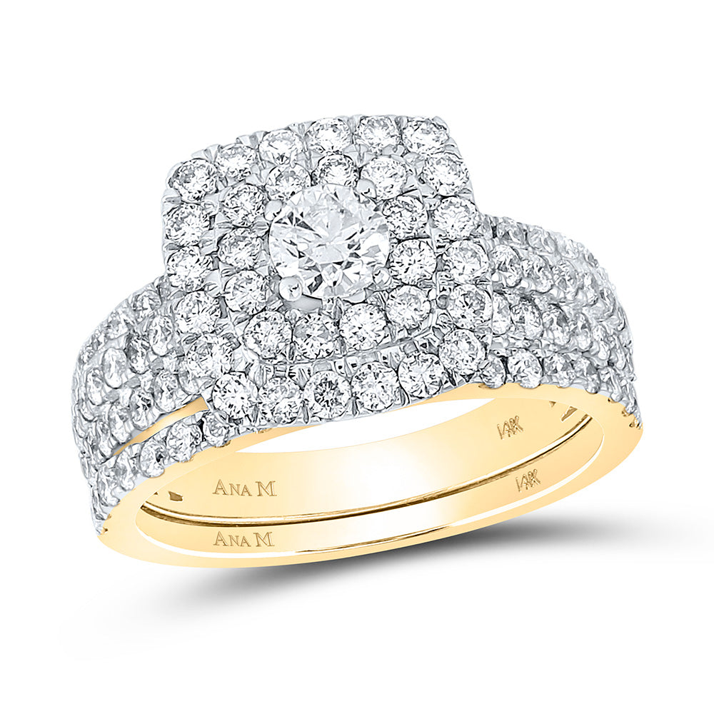 14KT YELLOW GOLD ROUND DIAMOND HALO BRIDAL WEDDING RING BAND SET 1-3/4 CTTW