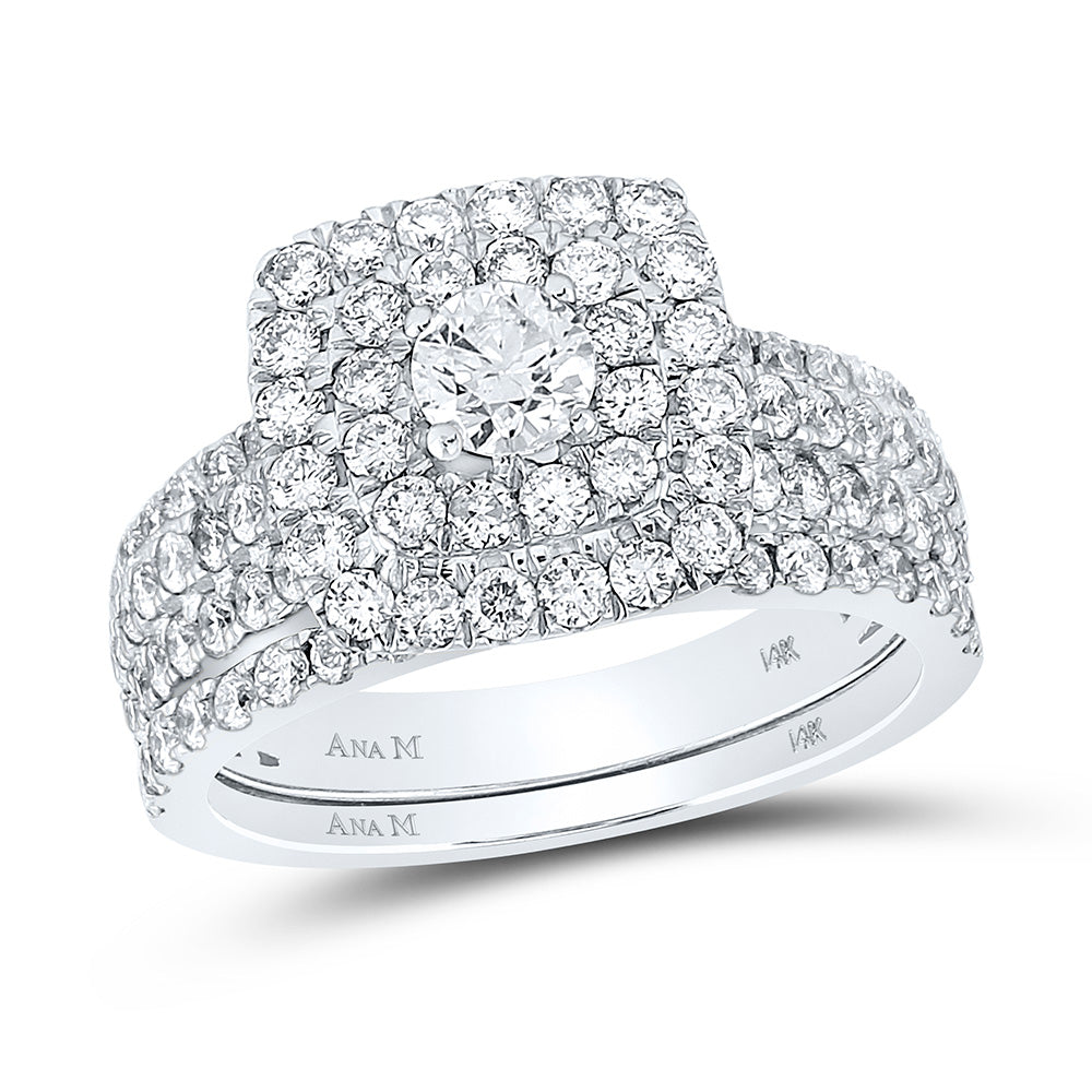14KT WHITE GOLD ROUND DIAMOND HALO BRIDAL WEDDING RING BAND SET 1-3/4 CTTW