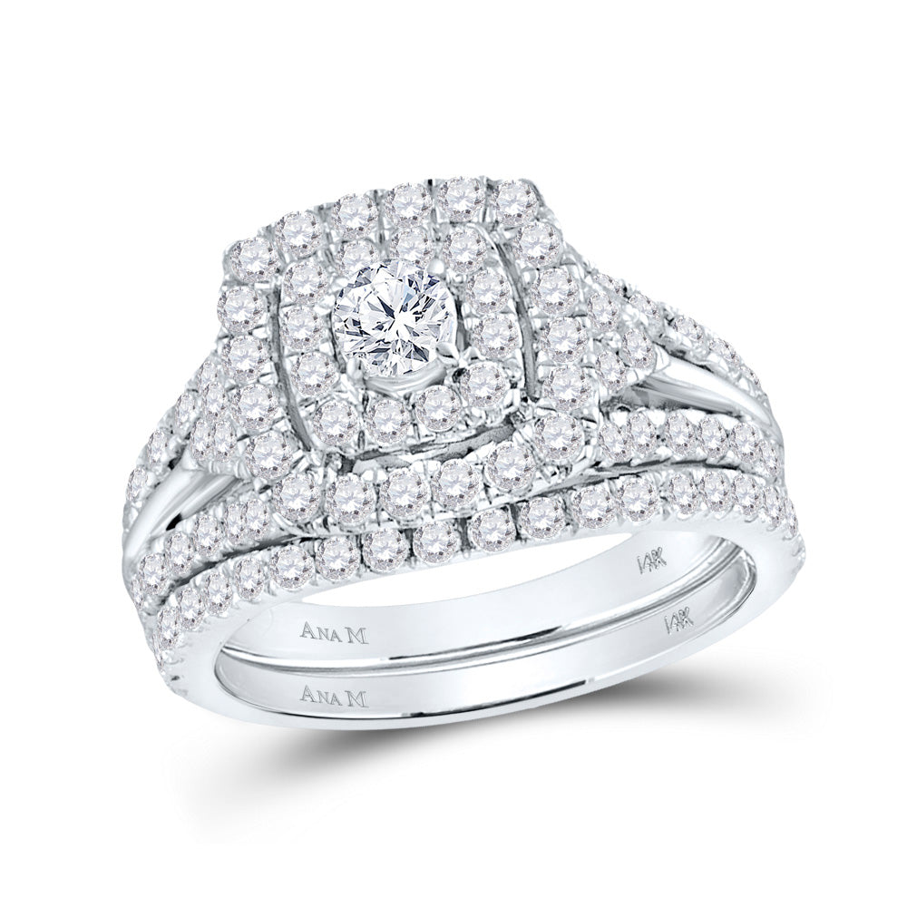 14KT WHITE GOLD ROUND DIAMOND HALO BRIDAL WEDDING RING BAND SET 1-7/8 CTTW