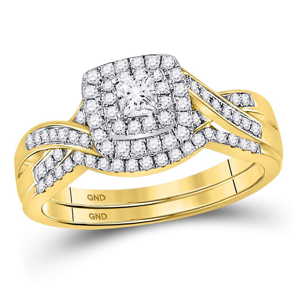 14KT YELLOW GOLD PRINCESS DIAMOND BRIDAL WEDDING RING BAND SET 1/2 CTTW