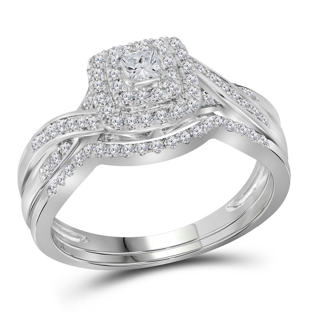 14KT WHITE GOLD PRINCESS DIAMOND BRIDAL WEDDING RING BAND SET 1/2 CTTW