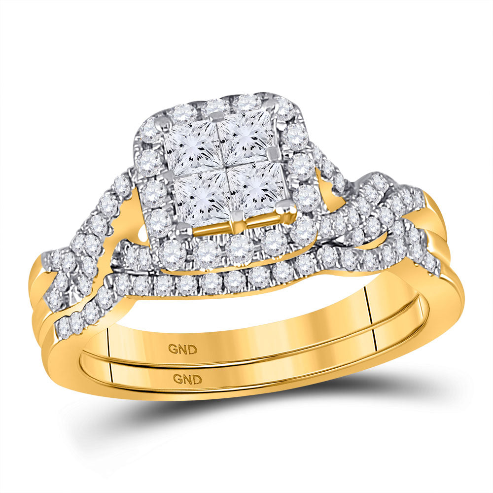 14KT YELLOW GOLD PRINCESS DIAMOND BRIDAL WEDDING RING BAND SET 1 CTTW