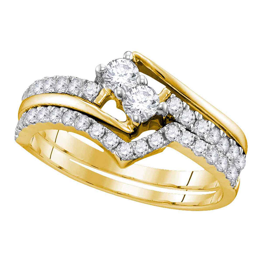 10KT YELLOW GOLD ROUND DIAMOND 2-STONE BRIDAL WEDDING RING BAND SET 3/4 CTTW
