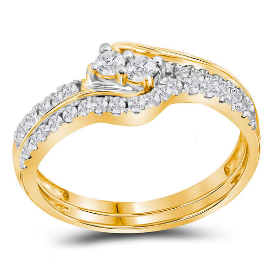 10KT YELLOW GOLD ROUND DIAMOND 2-STONE BRIDAL WEDDING RING BAND SET 1/2 CTTW