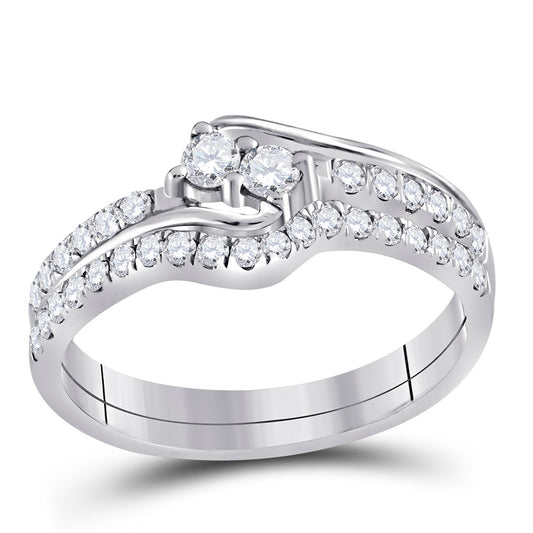 10KT WHITE GOLD ROUND DIAMOND 2-STONE BRIDAL WEDDING RING BAND SET 1/2 CTTW