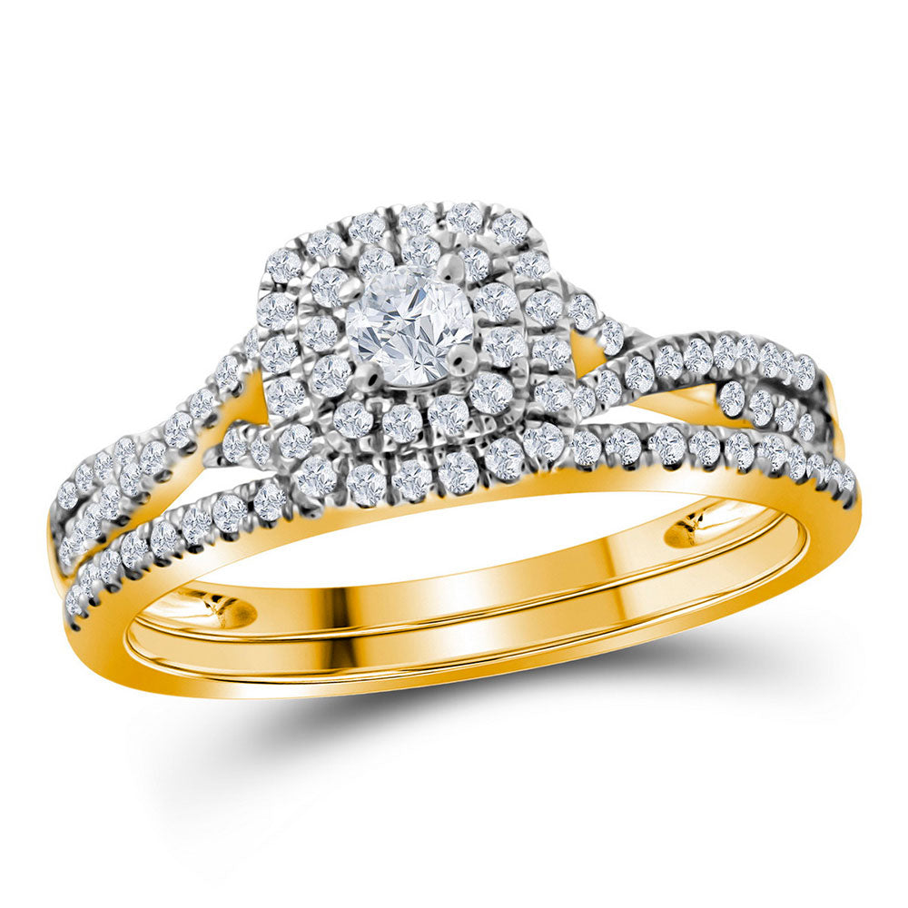10KT YELLOW GOLD ROUND DIAMOND HALO BRIDAL WEDDING RING BAND SET 1/2 CTTW