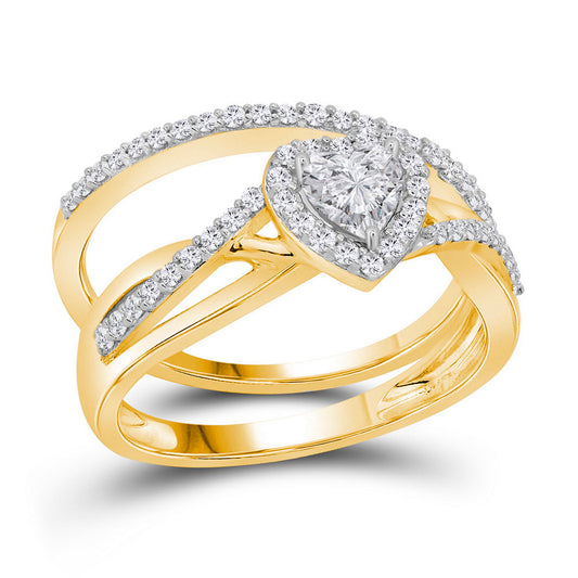14KT YELLOW GOLD HEART DIAMOND BRIDAL WEDDING RING BAND SET 7/8 CTTW