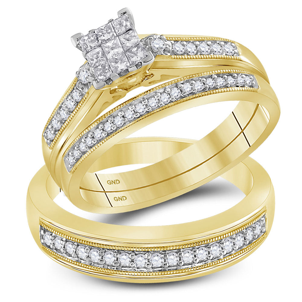 10KT YELLOW GOLD HIS HERS PRINCESS DIAMOND CLUSTER MATCHING WEDDING SET 1/2 CTTW