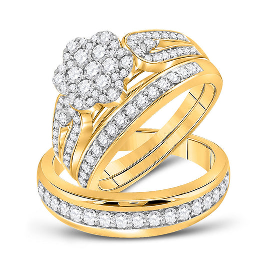 10KT YELLOW GOLD HIS HERS ROUND DIAMOND CLUSTER MATCHING WEDDING SET 1-1/3 CTTW