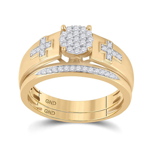 10KT YELLOW GOLD DIAMOND CLUSTER CROSS BRIDAL WEDDING RING BAND SET 1/4 CTTW