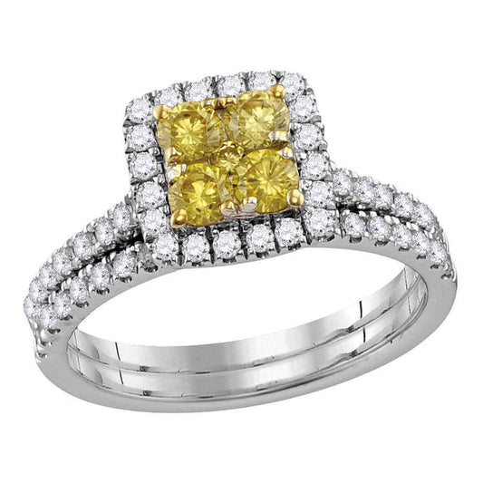 14KT WHITE GOLD ROUND YELLOW DIAMOND CLUSTER BRIDAL WEDDING RING BAND SET 1-1/4 CTTW
