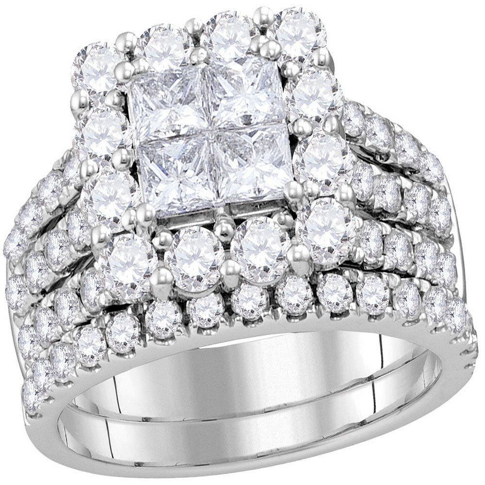 14KT WHITE GOLD PRINCESS DIAMOND CLUSTER BRIDAL WEDDING RING BAND SET 3 CTTW