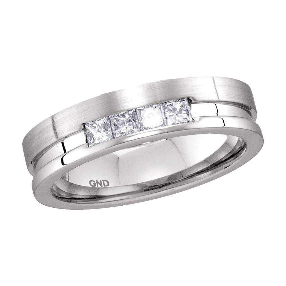 14KT WHITE GOLD MENS PRINCESS CHANNEL-SET DIAMOND SINGLE ROW WEDDING BAND 1/2 CTTW
