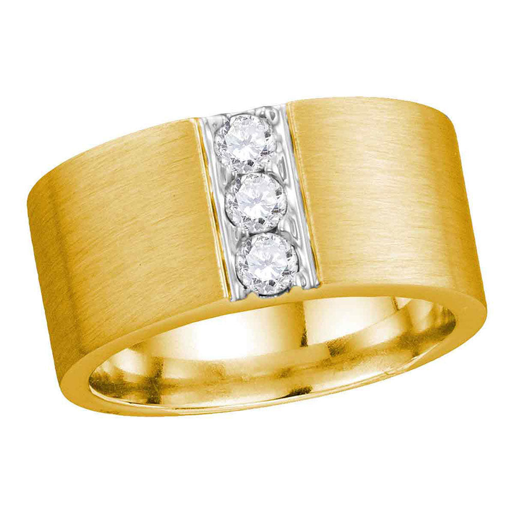 14KT YELLOW GOLD MENS ROUND DIAMOND 3-STONE MATTE WEDDING BAND 1/2 CTTW