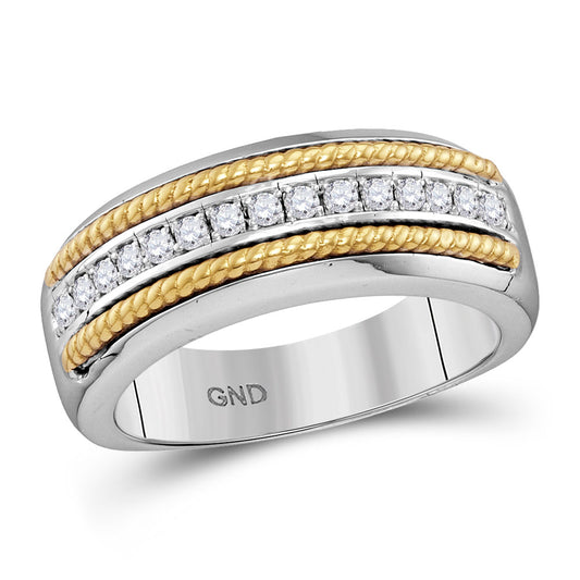 10KT WHITE GOLD MENS ROUND PAVE-SET DIAMOND YELLOW-TONE ROPE WEDDING BAND 1/3 CTTW