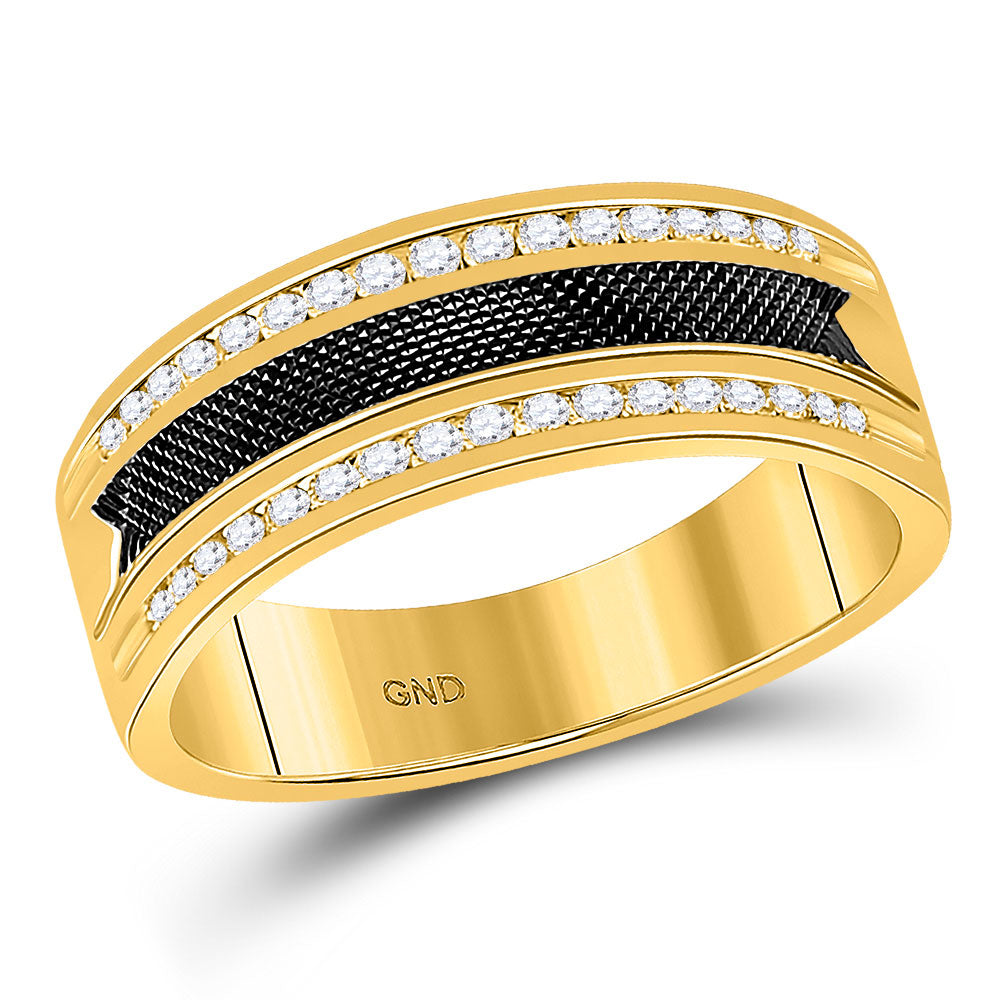 14KT YELLOW GOLD MENS ROUND DIAMOND DOUBLE ROW BLACK TEXTURED WEDDING BAND RING 1/4 CTTW
