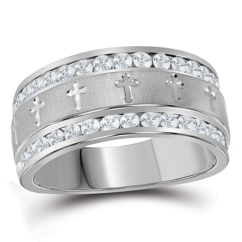 14K WHITE GOLD MENS ROUND DIAMOND GRECCO CROSS WEDDING ANNIVERSARY BAND RING 1 CTTW