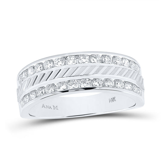 14KT WHITE GOLD MENS ROUND CHANNEL-SET DIAMOND DOUBLE ROW GRECCO WEDDING BAND RING 1 CTTW