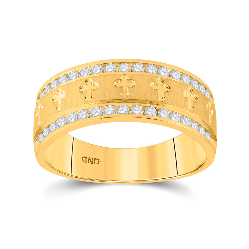 14KT YELLOW GOLD MENS ROUND CHANNEL-SET DIAMOND CROSS WEDDING BAND RING 1/2 CTTW