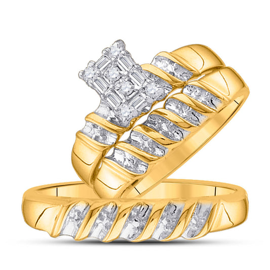 10KT YELLOW GOLD HIS HERS ROUND DIAMOND CLUSTER MATCHING WEDDING SET 1/10 CTTW