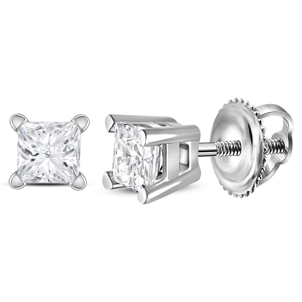 14KT WHITE GOLD UNISEX PRINCESS DIAMOND SOLITAIRE STUD EARRINGS 1/4 CTTW