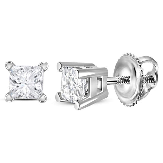 14KT WHITE GOLD UNISEX PRINCESS DIAMOND SOLITAIRE STUD EARRINGS 1/4 CTTW