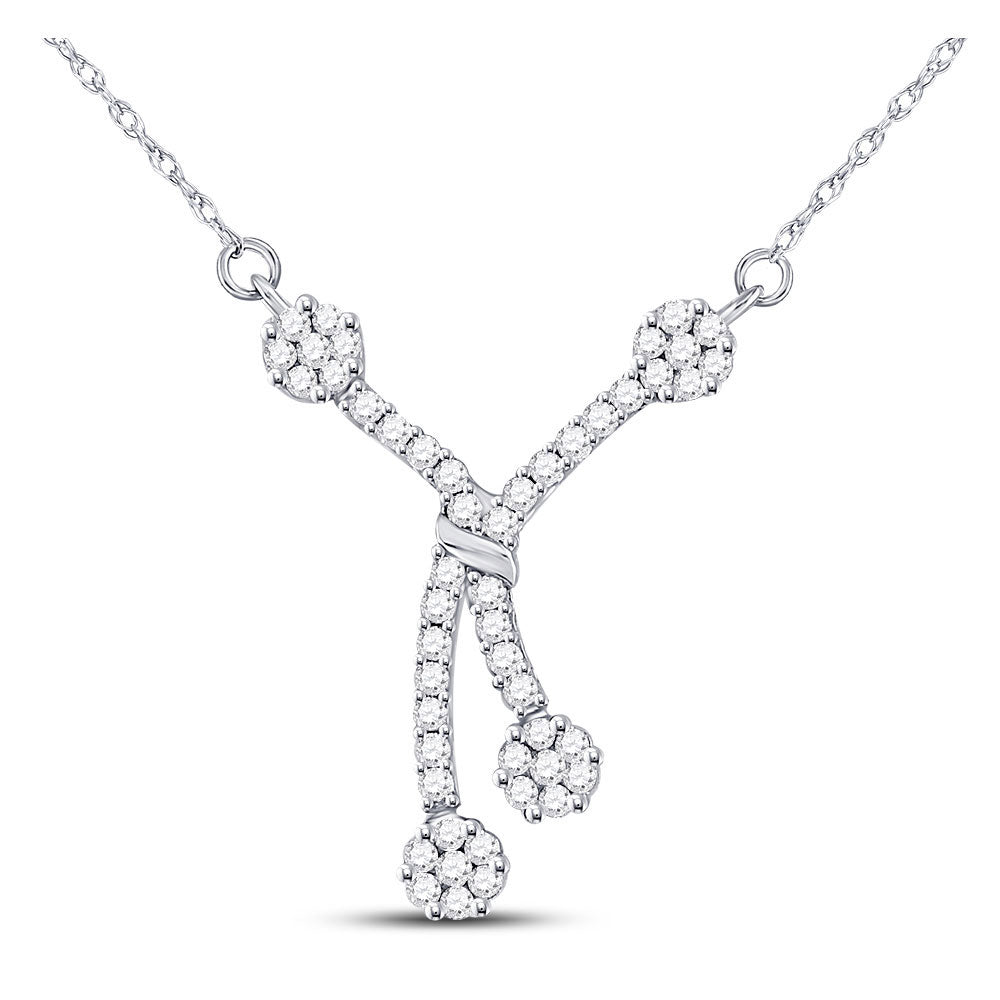 14KT WHITE GOLD WOMENS ROUND DIAMOND DANGLE FLOWER CLUSTER FASHION NECKLACE 1/2 CTTW