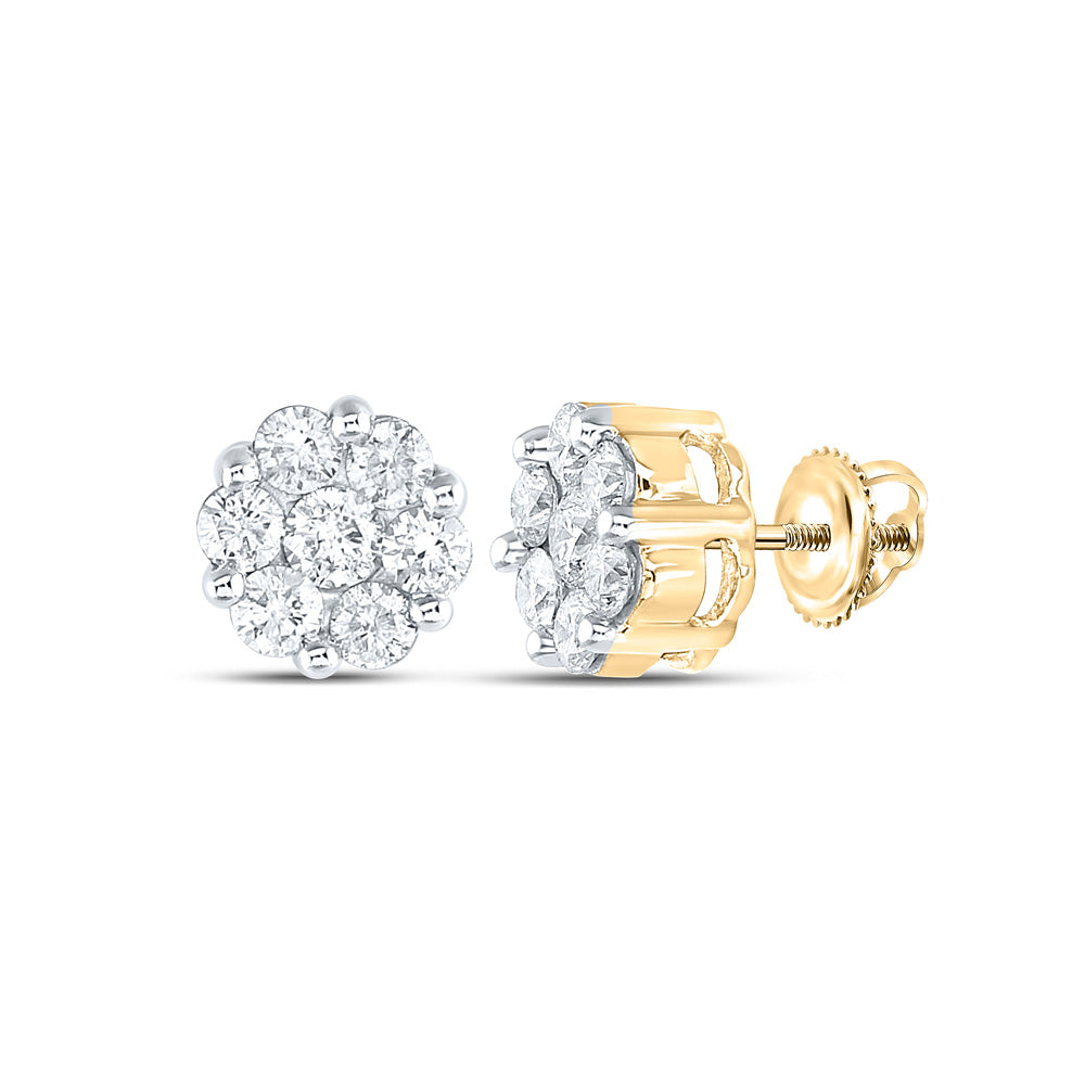 14KT YELLOW GOLD WOMENS ROUND DIAMOND FLOWER CLUSTER EARRINGS 1-1/2 CTTW