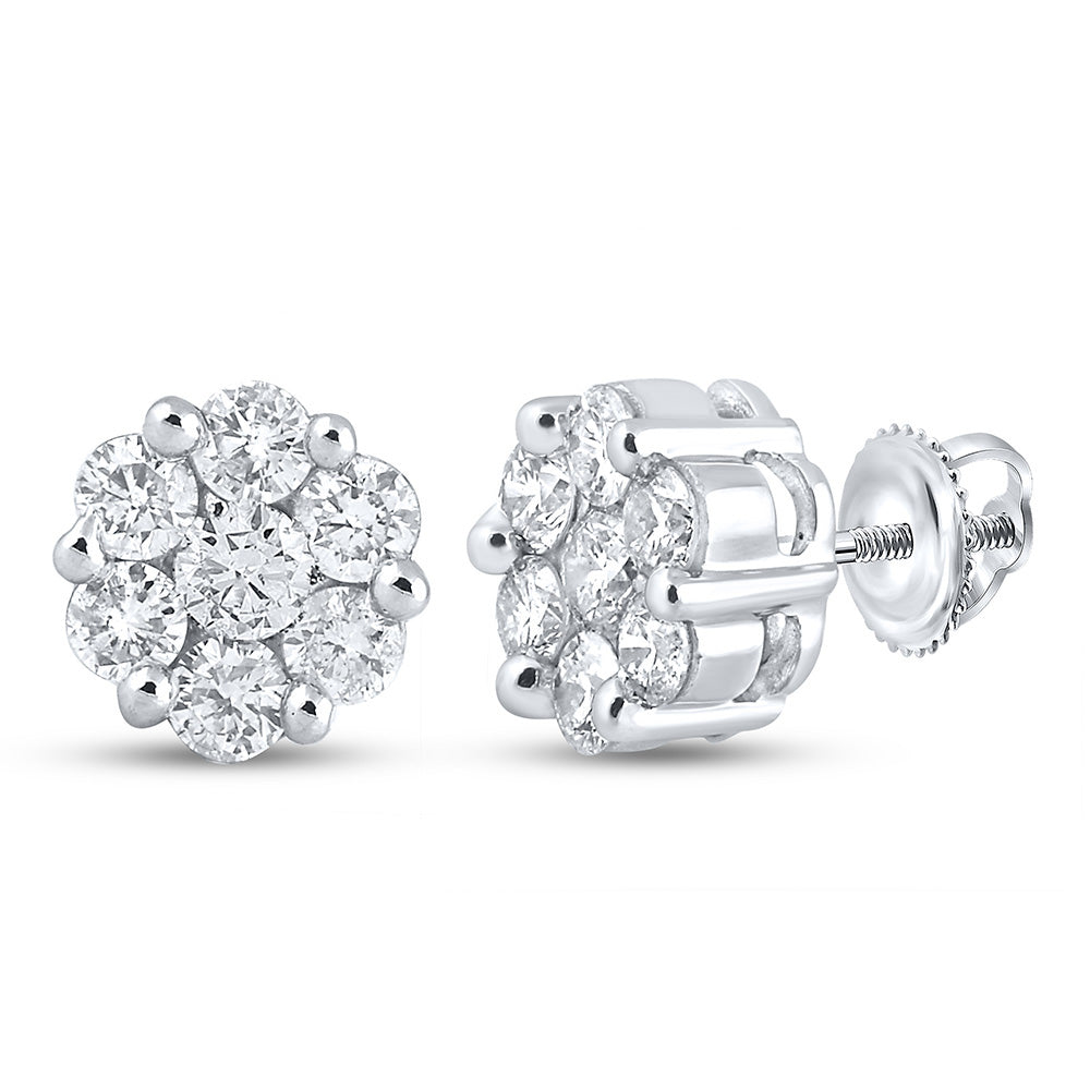 14KT WHITE GOLD WOMENS ROUND DIAMOND FLOWER CLUSTER EARRINGS 2 CTTW